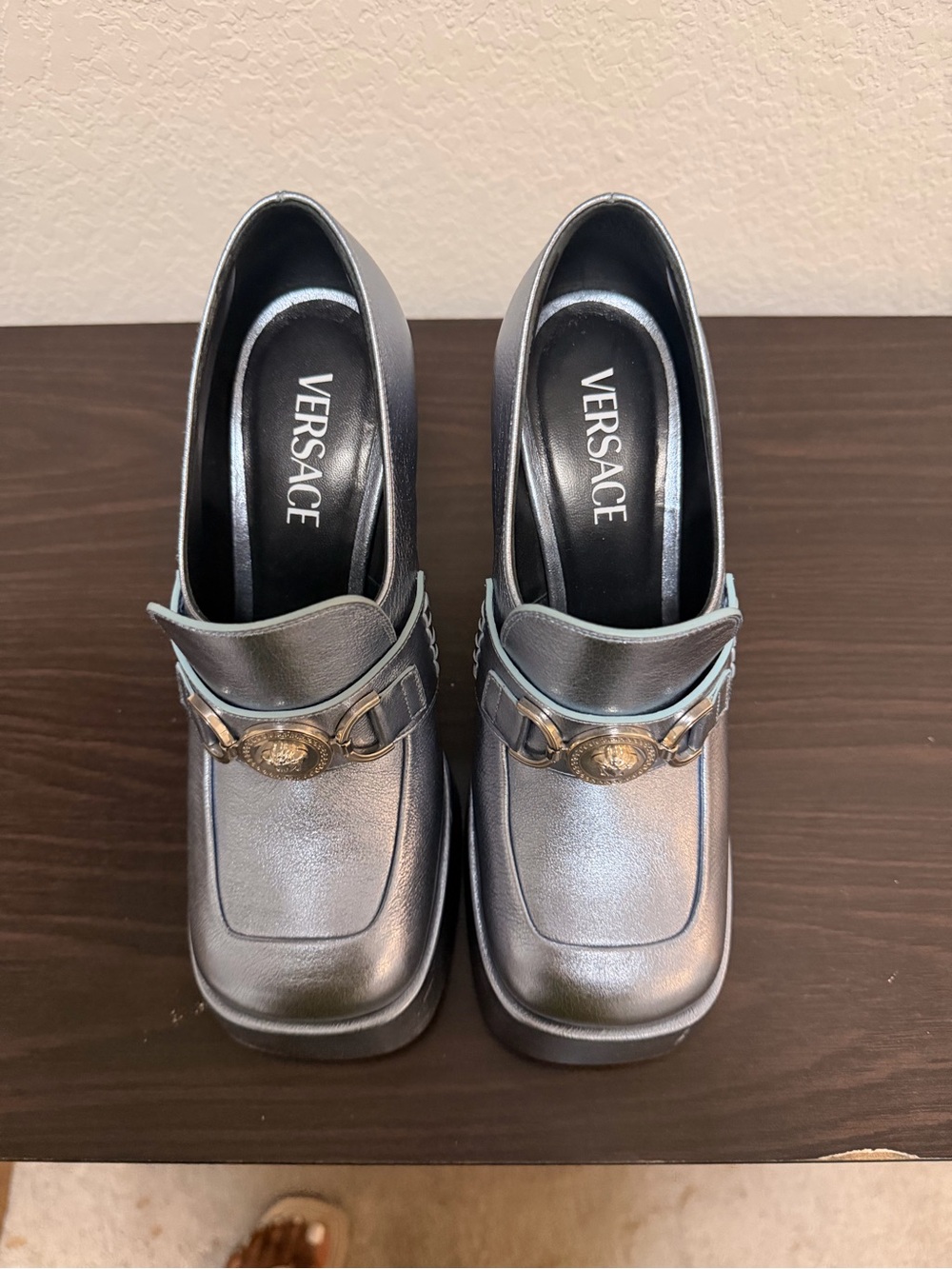 Versace Silver Metallic Square-Toe Loafers with Medallion